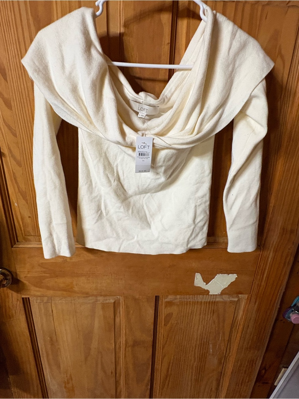 LOFT Ivory Off-Shoulder Draped Knit Sweater